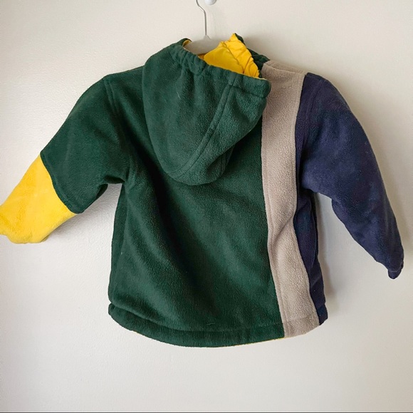 London Fog Toddler Yellow Reversible Rain Coat with Green Stripe Fleece Puffer - Picture 3 of 5